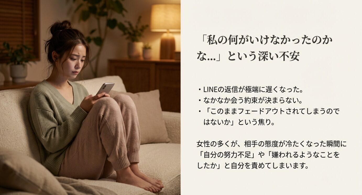 夜、ソファに座ってスマートフォンを見つめながら不安そうに悩む女性の画像。「私の何がいけなかったのかな...という深い不安」「LINEの返信が極端に遅くなった」「なかなか会う約束が決まらない」など、マッチングアプリで相手の態度が冷たくなった際に、自分を責めて焦りを感じてしまう女性の心理をテキストで解説しています。