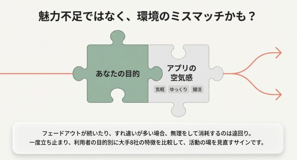 画像タイトル: アプリの空気感と目的のミスマッチ
代替テキスト: あなたの目的とアプリの空気感（気軽・ゆっくり・婚活）をパズルのピースに見立て、ミスマッチを見直すサインを解説する図