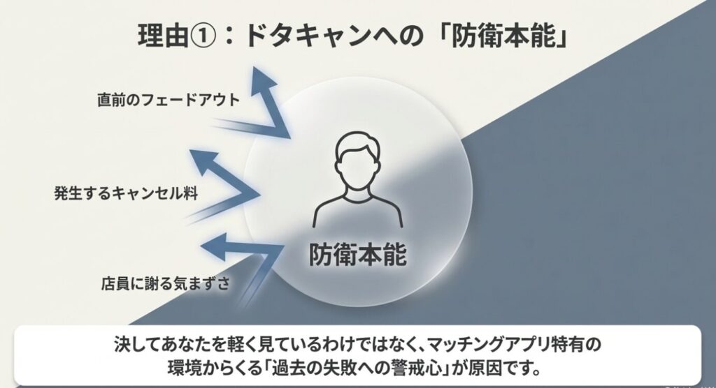 画像タイトル: ドタキャンへの防衛本能
代替テキスト: 過去のドタキャンによるキャンセル料や気まずさを回避するための男性の防衛本能