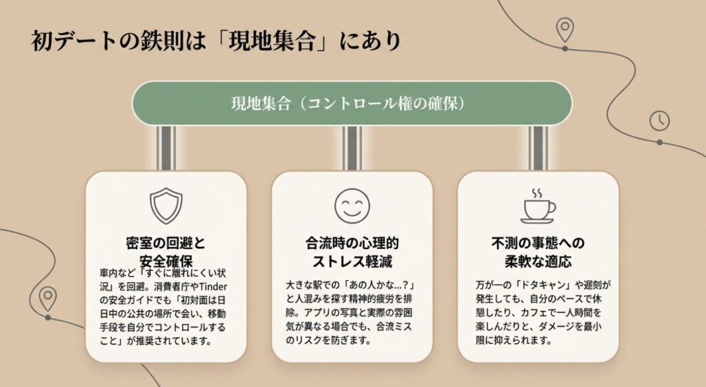 画像タイトル: 初デート現地集合の3つのメリット
代替テキスト: 初デートの鉄則は現地集合にありとして、密室の回避、心理的ストレス軽減、不測の事態への適応の3つのメリットを解説した図解