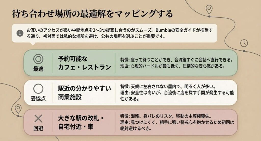 画像タイトル: 待ち合わせ場所の最適解マッピング
代替テキスト: 待ち合わせ場所の最適解をマッピングした表。カフェが最適、商業施設が妥協点、駅の改札や車は回避すべきと分類している。