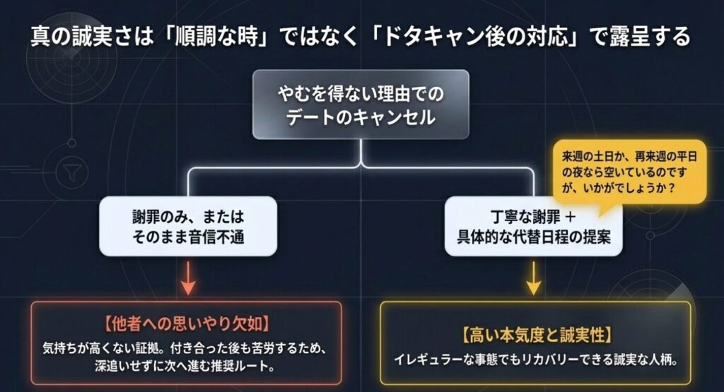 画像タイトル: ドタキャン後の誠実な対応
代替テキスト: デートキャンセル時に謝罪のみか、代替日程の提案があるかで男性の誠実さを見極める方法