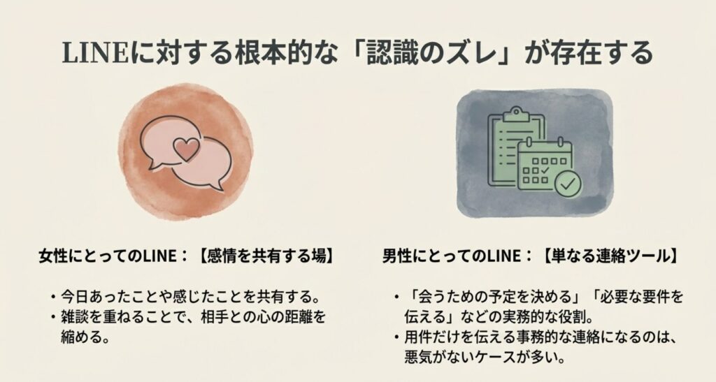画像タイトル: LINEに対する男女の認識のズレ

代替テキスト: コミュニケーションを表す吹き出しと、スケジュール管理を表すバインダーのアイコン