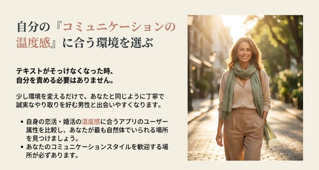 画像タイトル: 自分の温度感に合うマッチングアプリを選ぶ

代替テキスト: 自信に満ちた笑顔で街を歩く魅力的な女性