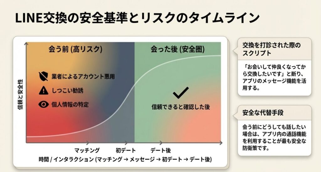 画像タイトル: 連絡先交換の安全基準とリスク
代替テキスト: マッチングアプリでのLINE交換の安全基準と、会う前のリスクを示すタイムライン