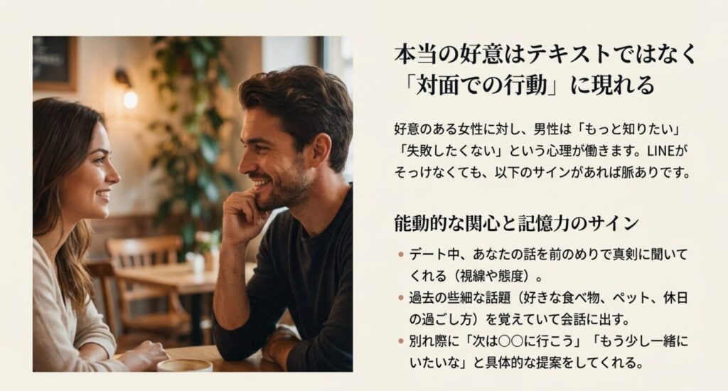 画像タイトル: 対面での行動に現れる本当の好意

代替テキスト: カフェで向かい合い、笑顔で楽しそうに会話をする男女