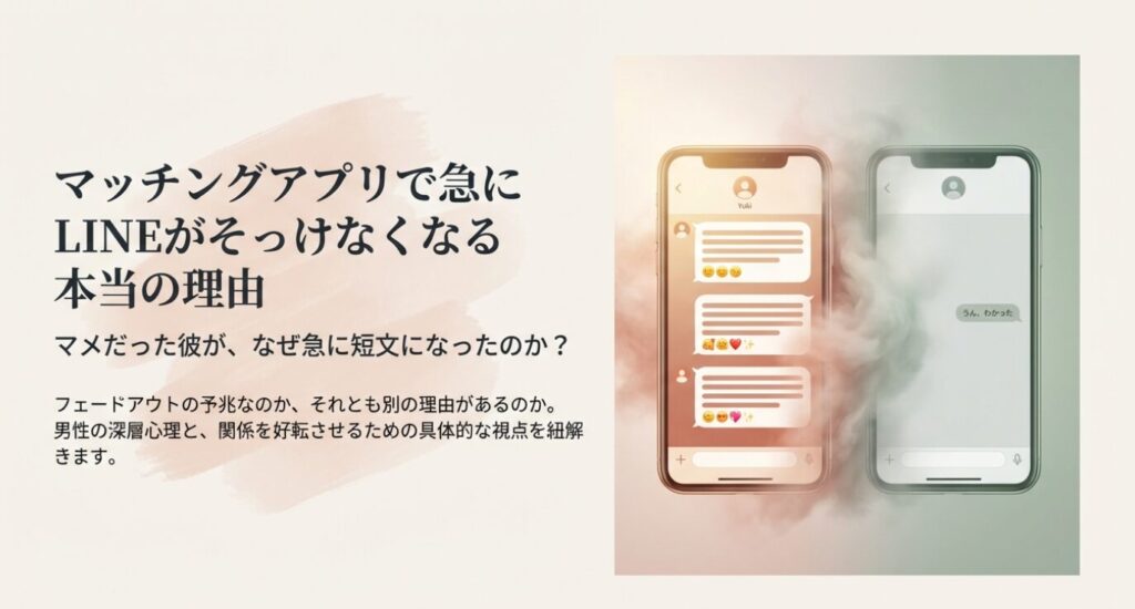 画像タイトル: マッチングアプリでLINEが急にそっけなくなる本当の理由

代替テキスト: 長文と短文のLINEメッセージ画面の比較