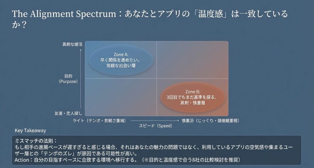 画像タイトル： アプリの温度感とミスマッチの法則

代替テキスト： 気軽な出会い層と真剣・慎重層の目的とスピードの違いを示すスペクトラム