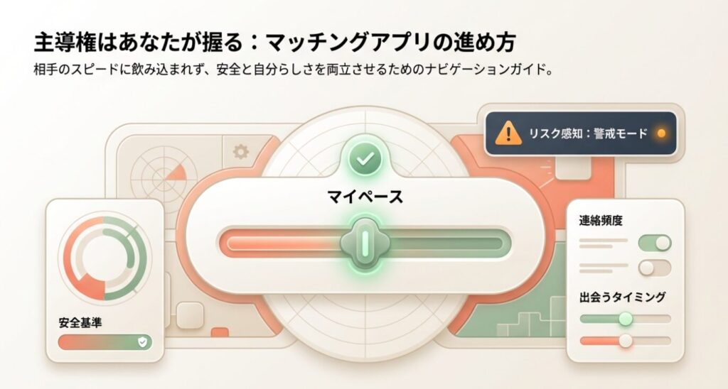 画像タイトル: マッチングアプリの進め方と主導権
代替テキスト: マッチングアプリで相手のスピードに飲み込まれず、主導権を握るための進め方ガイド