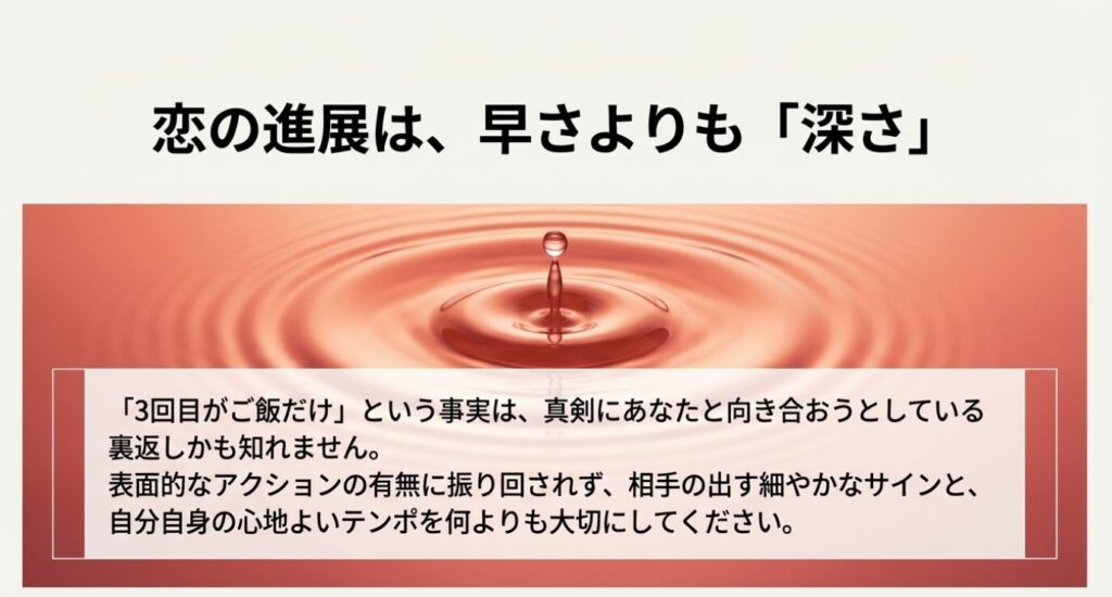 画像タイトル： 恋の進展は早さよりも深さ

代替テキスト： 恋の進展においては表面的な早さよりも深さと自分の心地よいテンポを大切にすべきというメッセージ