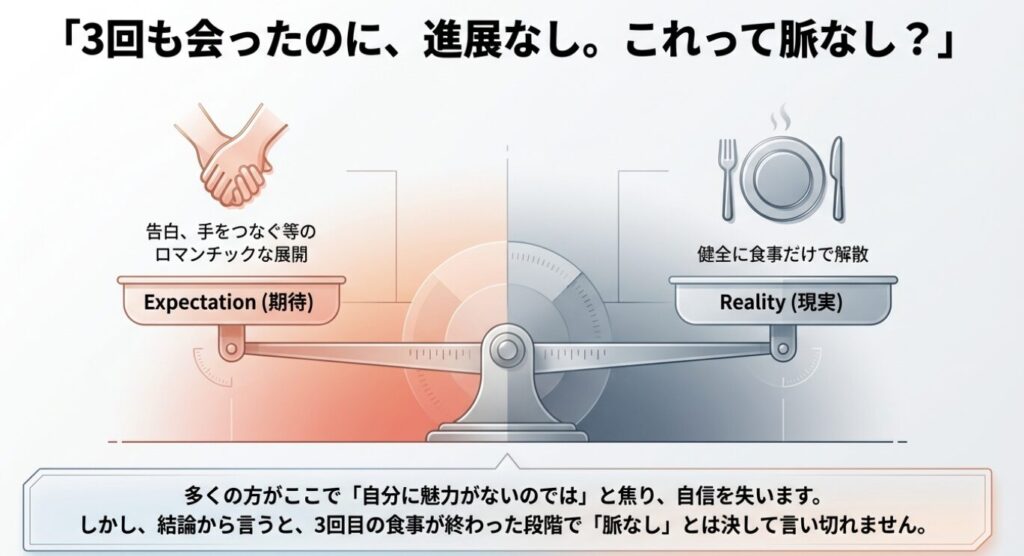 画像タイトル： 期待と現実の天秤

代替テキスト： 告白などのロマンチックな展開への期待と、食事だけで解散する現実のギャップを表す天秤のイラスト