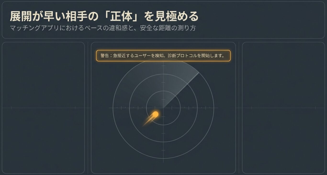 「展開が早い相手の『正体』を見極める マッチングアプリにおけるペースの違和感と、安全な距離の測り方」と記載された記事のアイキャッチ画像 。「警告：急接近するユーザーを検知。診断プロトコルを開始します。」というキャッチコピーが含まれ、展開が早い相手の意図を分析し、安全に距離を測るテーマを視覚的に表現しています 。