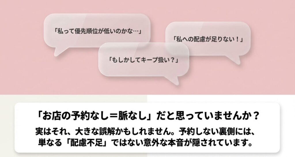 画像タイトル: 予約なしへの不安と誤解
代替テキスト: 「私って優先順位が低いのかな」とお店の予約なしを脈なしだと誤解してしまう女性の悩み