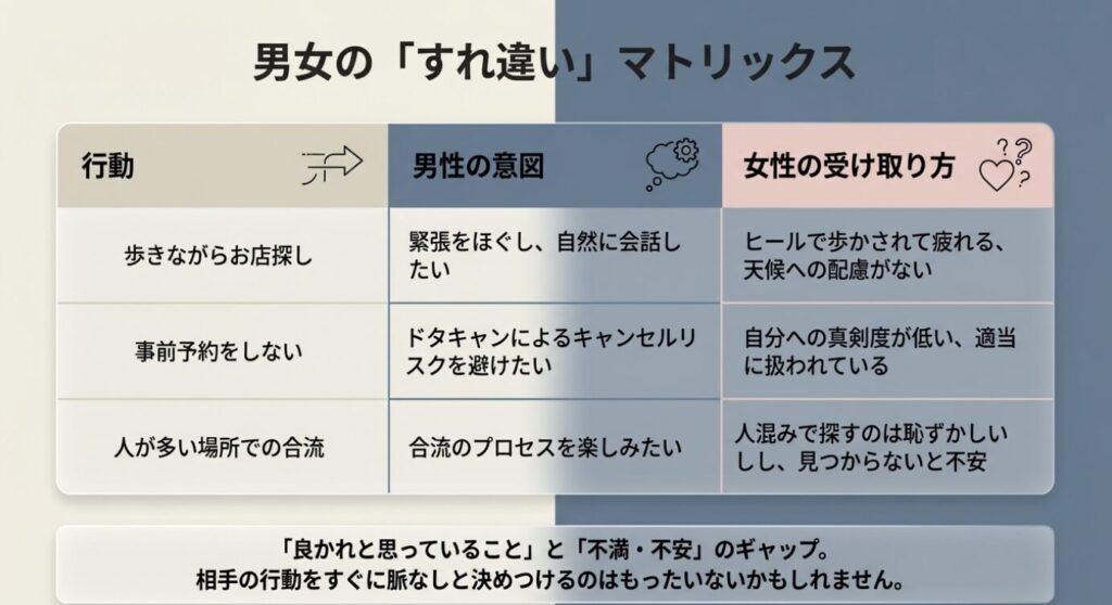 画像タイトル: 男女のすれ違いマトリックス
代替テキスト: 男性の良かれと思った行動と女性の不満・不安のギャップを比較した表