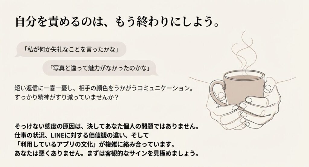 画像タイトル: 自分を責めるのは終わりにしよう

代替テキスト: 両手で温かい飲み物の入ったマグカップを優しく包み込んでいるイラスト