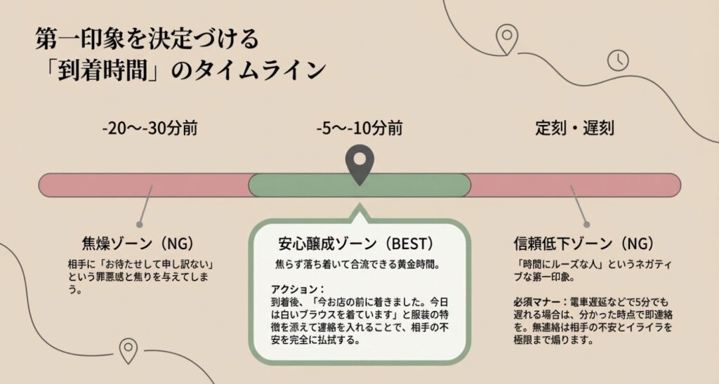 画像タイトル: 到着時間のタイムラインと第一印象
代替テキスト: 待ち合わせ到着時間のタイムライン。5〜10分前が安心醸成のベストタイミングであり、早すぎても遅すぎてもNGであることを示す図。