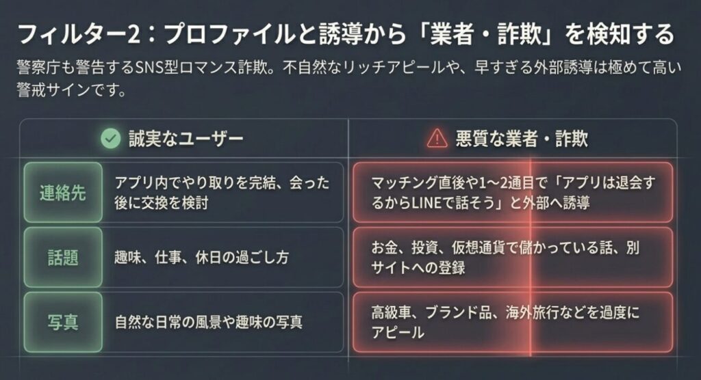 画像タイトル: 業者や詐欺の特徴を検知する
代替テキスト: 誠実なユーザーと悪質な業者・詐欺を連絡先交換や話題、写真から比較する表