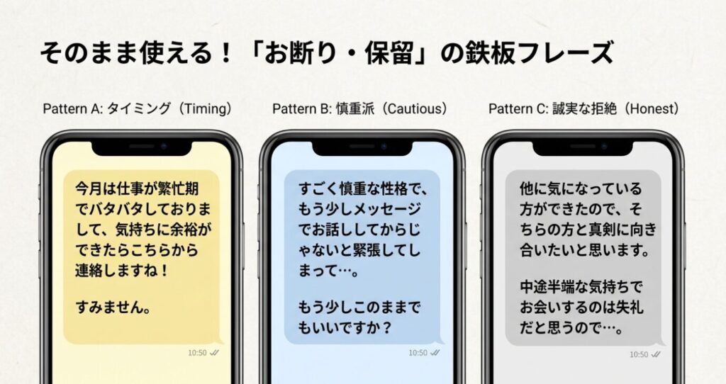 画像タイトル： マッチングアプリですぐに使えるお断りと保留の鉄板例文


代替テキスト： マッチングアプリでご飯に誘われた際にそのまま使える断り方のフレーズ集。繁忙期を理由にするパターン、慎重派であることを伝えるパターン、他に気になる人がいると誠実に伝えるパターンの3つの例文。