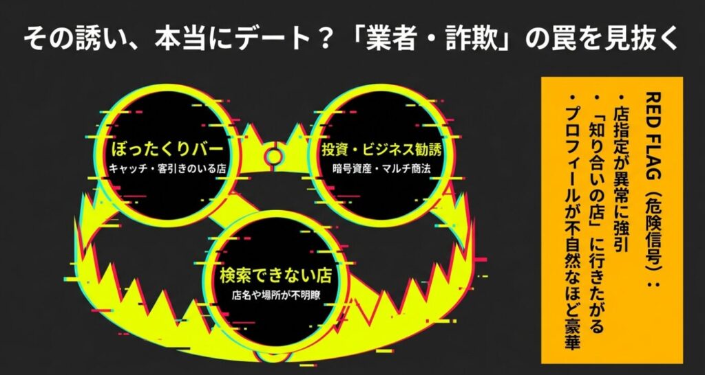 画像タイトル： マッチングアプリに潜む業者や詐欺の罠を見抜く方法


代替テキスト： ぼったくりバーやキャッチのいる店、投資・マルチ商法などのビジネス勧誘、店名が不明瞭で検索できない店など、デートの誘いに見せかけた業者や詐欺の危険信号（レッドフラグ）を警告する図解。