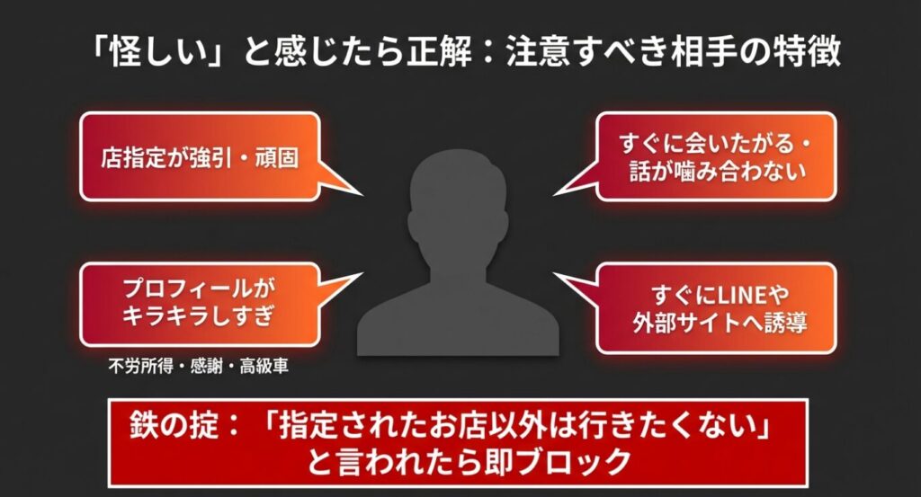 画像タイトル： マッチングアプリで注意すべき怪しい相手の特徴と見分け方


代替テキスト： 店の指定が強引・頑固、プロフィールが不労所得や高級車などでキラキラしすぎている、すぐに会いたがる・話が噛み合わない、すぐにLINEや外部サイトへ誘導するといった、マッチングアプリで注意すべき怪しい相手の4つの特徴