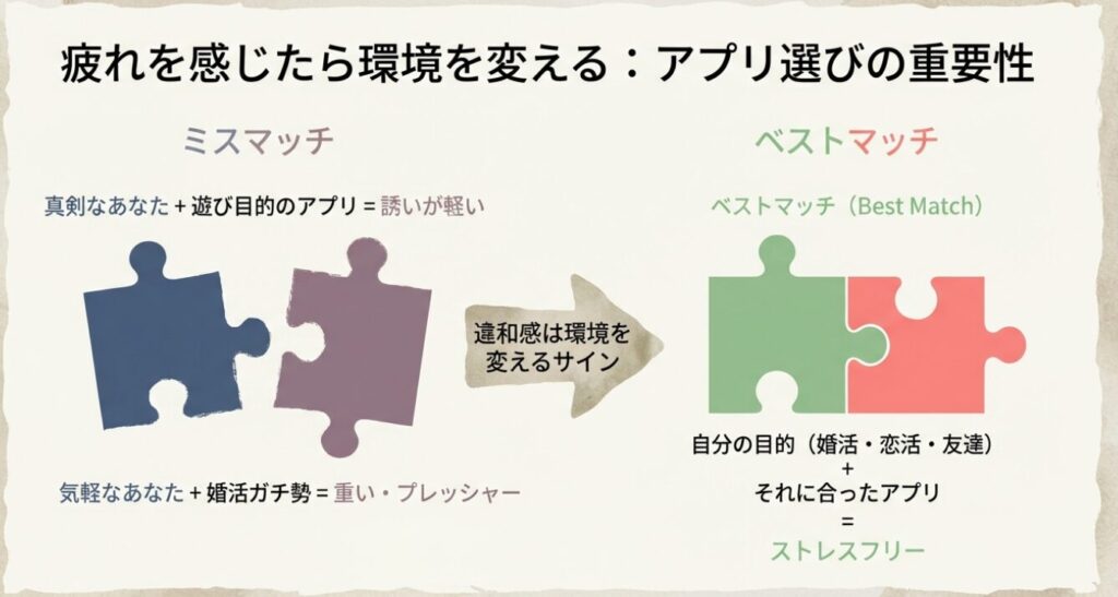 画像タイトル： マッチングアプリのミスマッチを防ぐ環境選びの重要性


代替テキスト： 自分の目的（婚活・恋活など）とアプリのユーザー層が合っていないミスマッチの状態から、自分の目的に合ったアプリを選ぶことでストレスフリーなベストマッチになることを解説したパズルのイラスト。