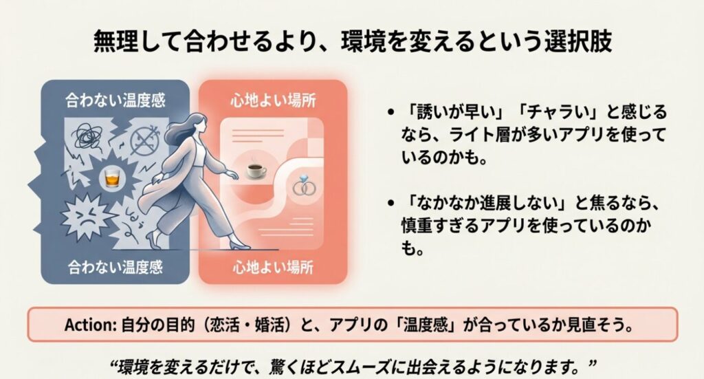 画像タイトル： 自分に合わないマッチングアプリの環境を変える選択肢


代替テキスト： 自分の目的とアプリの温度感が合わない場合、無理して合わせるよりも環境を変える（別のアプリを使う）ことでスムーズに出会えるようになるというアドバイス