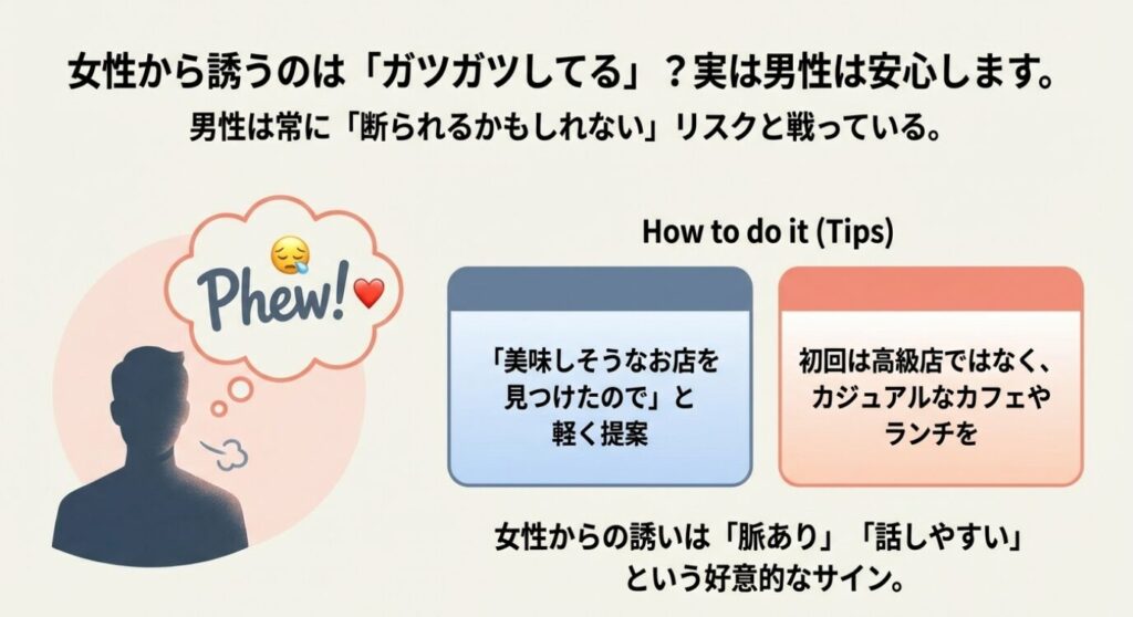 画像タイトル： 女性からデートに誘うメリットと男性側の心理


代替テキスト： 女性から誘うのはガツガツしているという不安に対し、実は男性は断られるリスクが減り安心すること、そして初回はカジュアルなカフェなどを提案するのがおすすめであるという解説 。