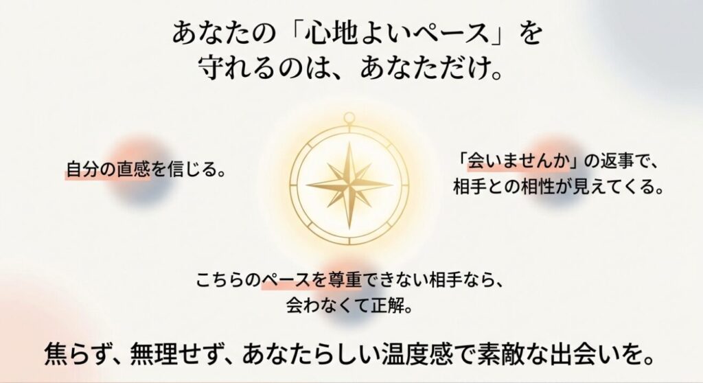 画像タイトル： 自分の心地よいペースを大切にするマッチングアプリの活用


代替テキスト： 方位磁針のイラストとともに、「焦らず、無理せず、あなたらしい温度感で素敵な出会いを」という、自分の直感と心地よいペースを守ることの大切さを伝えるまとめのスライド