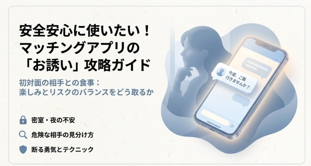 画像タイトル： マッチングアプリのお誘い攻略と安全ガイド


代替テキスト： マッチングアプリで初対面の相手と食事に行く際の楽しみとリスクのバランス、密室や夜の不安への対策、危険な相手の見分け方などを解説した攻略ガイドの表紙スライド。