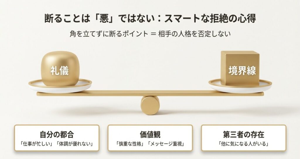 画像タイトル： マッチングアプリで相手を傷つけずに断るスマートな拒絶の心得


代替テキスト： マッチングアプリでの誘いを角を立てずに断るポイントとして、仕事などの「自分の都合」、慎重な性格といった「価値観」、他に気になる人がいるといった「境界線」を理由にする心得をまとめたスライド。