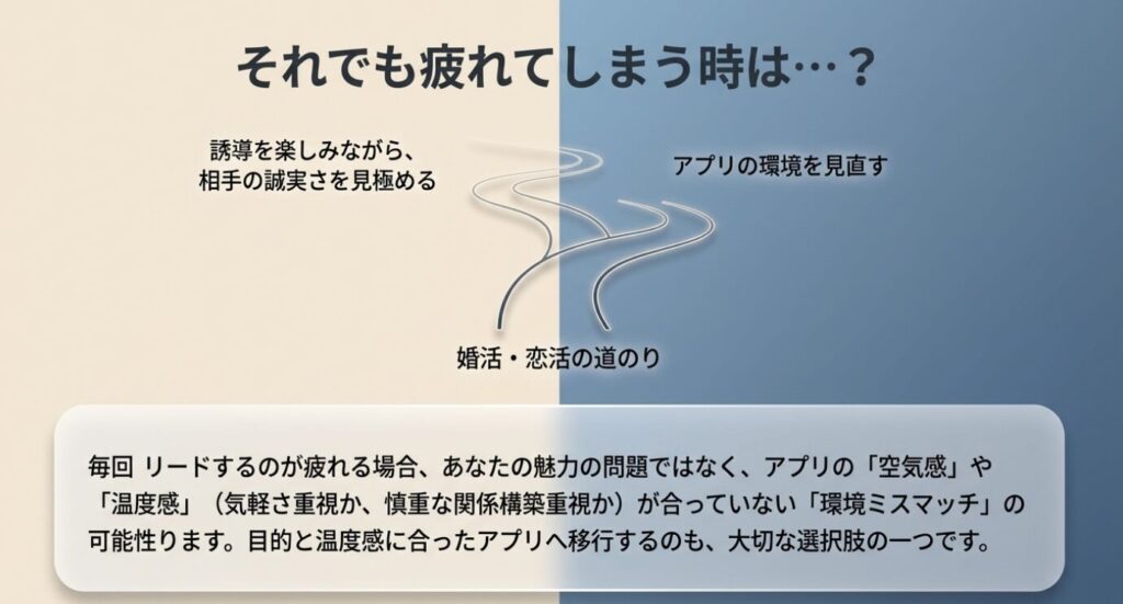 画像タイトル: アプリの環境ミスマッチ
代替テキスト: 毎回リードするのが疲れる場合は、自分の目的に合ったマッチングアプリへ環境を見直す選択肢
