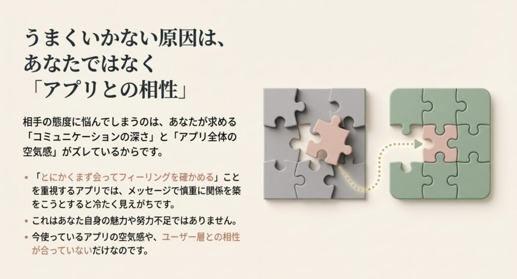 画像タイトル: うまくいかない原因はアプリとの相性

代替テキスト: 真ん中のピースだけが抜け落ちたジグソーパズルと、そこに当てはまるピースのイラスト