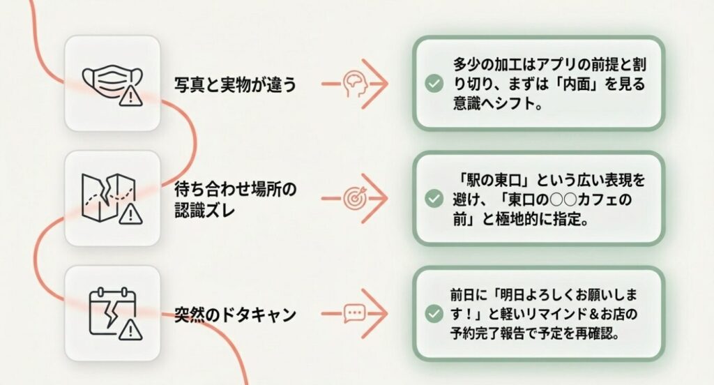 画像タイトル: 現地集合と現地解散の成功法則
代替テキスト: 現地集合から現地解散までを1〜2時間とし、負担を減らして期待感を増やす初デートの基本スタイル
