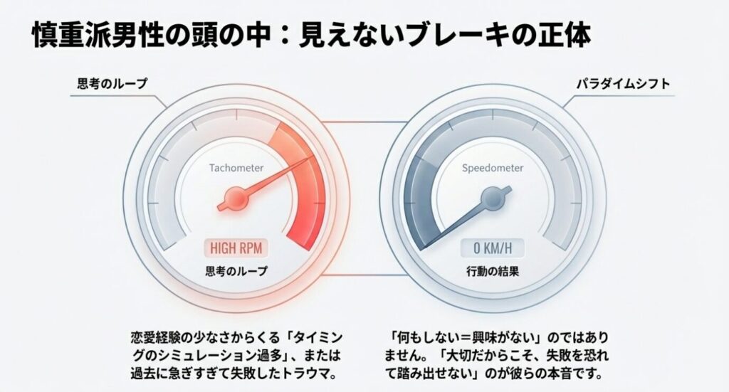 画像タイトル： 慎重派男性の思考ループ

代替テキスト： 慎重な男性が失敗を恐れて行動に移せない思考のループを表したメーター図
