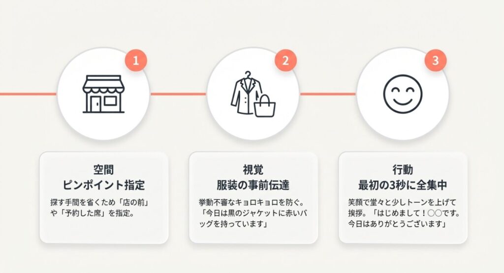 画像タイトル: 待ち合わせのよくあるトラブルと予防線
代替テキスト: 写真と実物が違う、待ち合わせ場所の認識ズレ、突然のドタキャンという3つのトラブルとそれぞれの対策