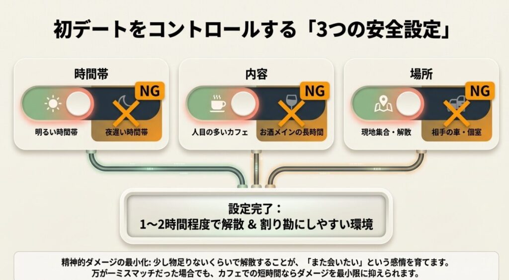 画像タイトル: 初デートをコントロールする安全設定
代替テキスト: 初デートにおける時間帯、内容、場所のNG行動と、安全にコントロールするための設定方法