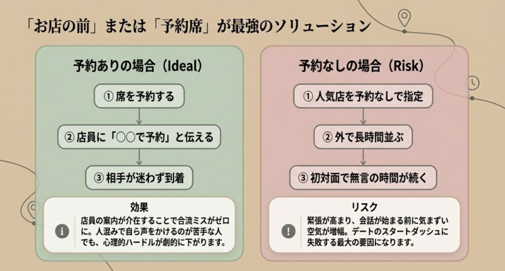 画像タイトル: 予約ありカフェ待ち合わせのメリット
代替テキスト: 待ち合わせは予約ありの店が理想的であり、合流ミスを防げること。予約なしだと無言の時間が続くリスクがあることを比較した図。