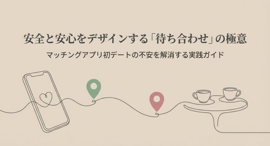 画像タイトル: マッチングアプリ初デートの待ち合わせ術
代替テキスト: スマートフォンからカフェのテーブルへと繋がる現在地ピンのイラストと、安全な待ち合わせをデザインする極意というテキスト