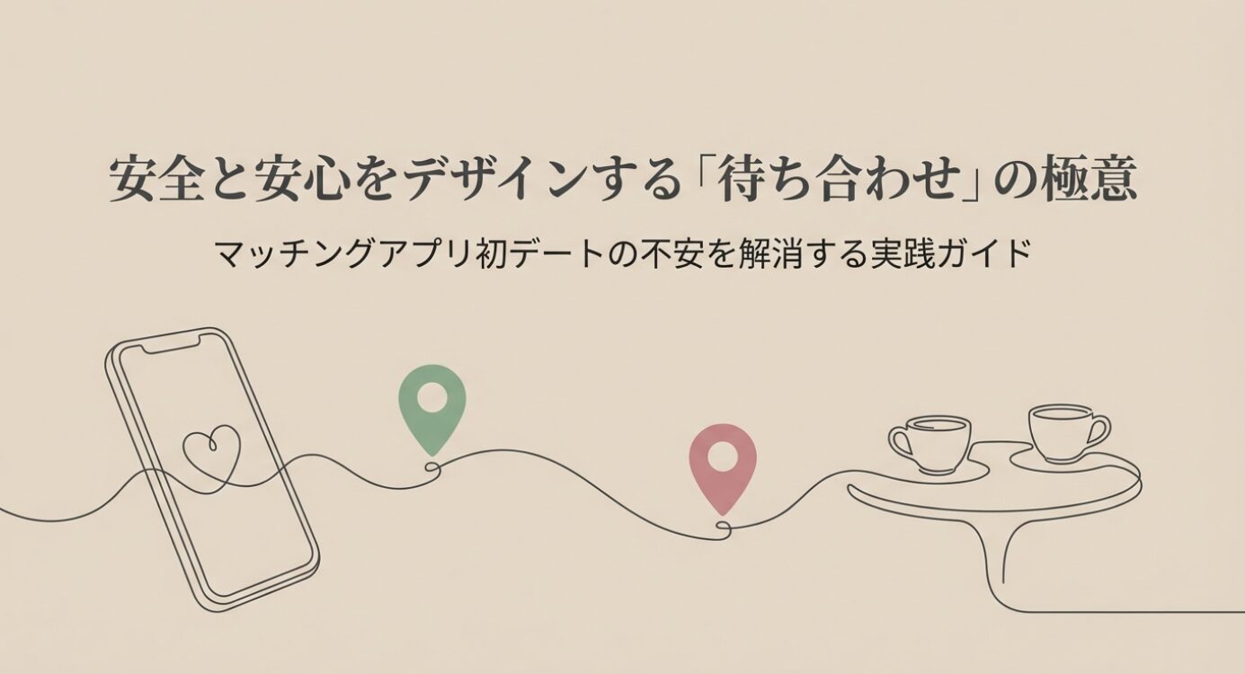 スマートフォンの画面から2つの現在地ピンを通り、コーヒーカップが並ぶカフェのテーブルへと1本の線で繋がっていくイラスト。「安全と安心をデザインする『待ち合わせ』の極意」「マッチングアプリ初デートの不安を解消する実践ガイド」というテキストが記載された、初デートの待ち合わせ術を解説するアイキャッチ画像。