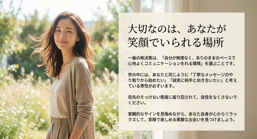 画像タイトル: あなたが笑顔でいられる場所

代替テキスト: 自分が笑顔でいられる心地よい環境を選ぶことの大切さを伝えるメッセージ