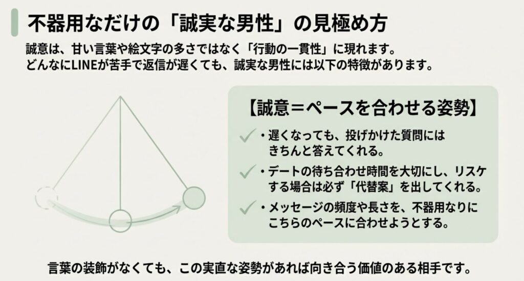 画像タイトル: 誠実な男性の見極め方

代替テキスト: 左右に一定のリズムで揺れる振り子のイラスト
