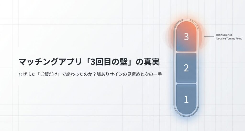 画像タイトル： 3回目の壁の真実と次の一手

代替テキスト： マッチングアプリにおける3回目の壁の真実と、脈ありサインの見極め、次の一手を示すタイトル画像