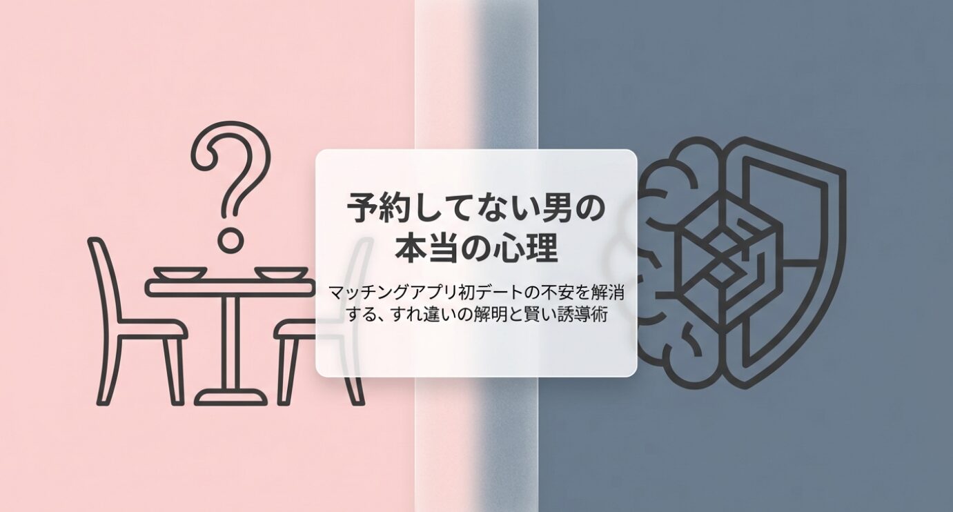 テーブルと椅子のアイコンの上に大きなクエスチョンマークが浮かぶイラスト。「予約してない男の本当の心理」「マッチングアプリ初デートの不安を解消する、すれ違いの解明と賢い誘導術」というテキストが記載された、初デートでお店を予約しない男性心理を解説する記事のタイトルスライド画像 。