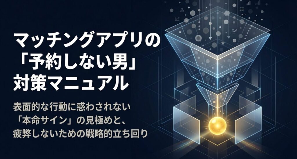 画像タイトル: マッチングアプリの予約しない男対策マニュアル
代替テキスト: マッチングアプリでお店を予約しない男性の表面的な行動に惑わされないための対策マニュアル