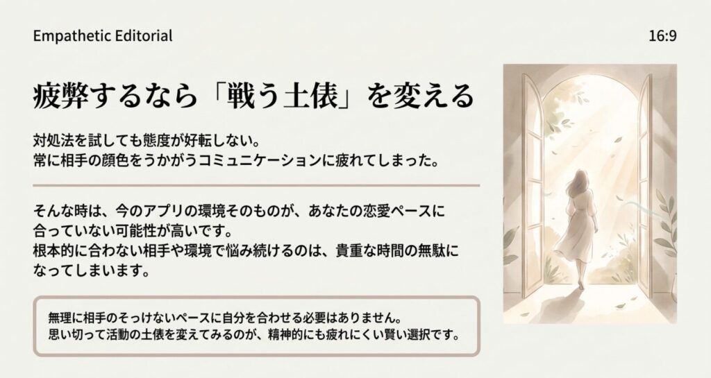 画像タイトル: 戦う土俵を変える選択

代替テキスト: 光が差し込む大きな扉を開けて、新たな外の世界へ向かって歩き出す女性の後ろ姿