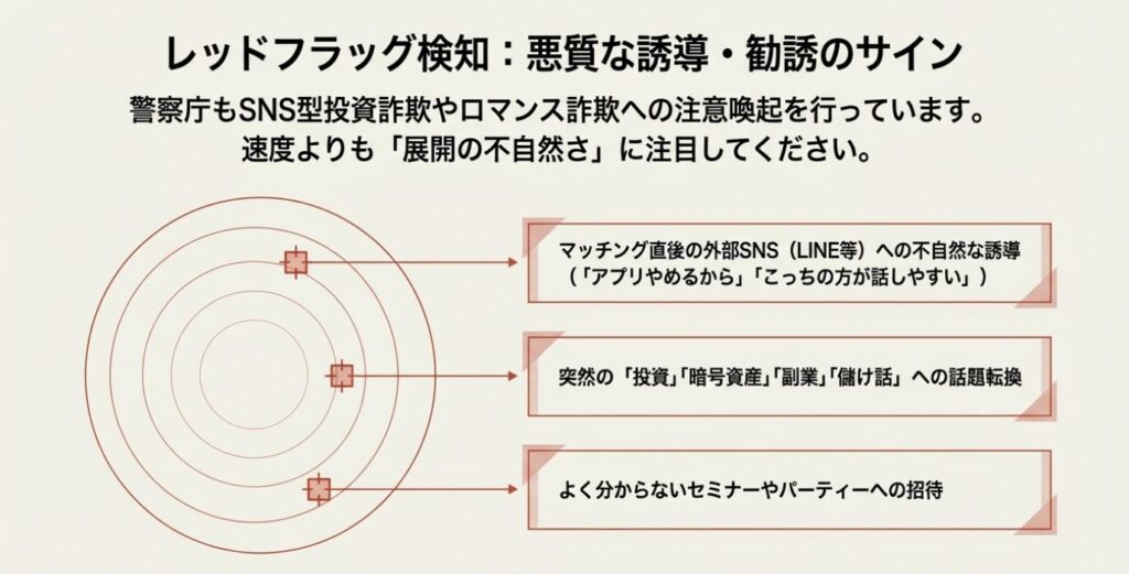 画像タイトル: 悪質な誘導・勧誘のレッドフラッグサイン
代替テキスト: 外部SNSへの不自然な誘導、投資や副業への話題転換、セミナーへの招待など、悪質なユーザーのレッドフラッグ(警告)サイン