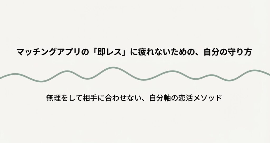 画像タイトル: マッチングアプリ即レス防衛術
代替テキスト: マッチングアプリの「即レス」に疲れないための、自分の守り方(無理をして相手に合わせない自分軸の恋活メソッド)のタイトルスライド
