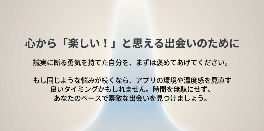 画像タイトル: 楽しい出会いを見つけるためのメッセージ
代替テキスト: 誠実に断る勇気を持てた自分を褒め、環境を見直して自分らしい出会いを見つけることを促すメッセージスライド