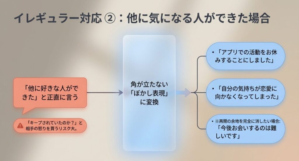 画像タイトル: 他に気になる人ができた時の伝え方
代替テキスト: 正直に伝えるリスクと、角を立てないためのぼかし表現への変換例をまとめた比較スライド
