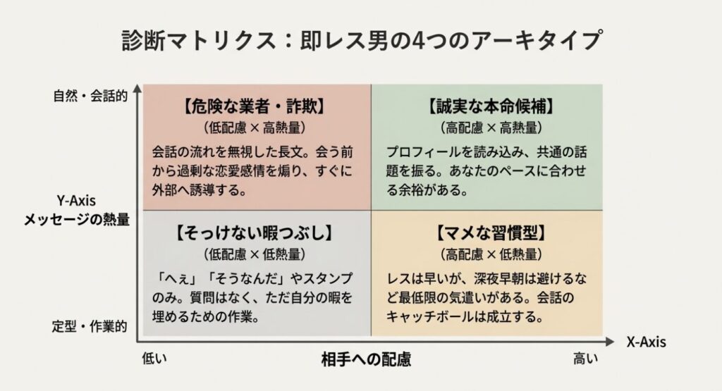 画像タイトル: 即レス男性の4つのアーキタイプ診断マトリクス
代替テキスト: 相手への配慮とメッセージの熱量で分類した、即レス男性の4つのアーキタイプ(危険な業者、誠実な本命、そっけない暇つぶし、マメな習慣型)